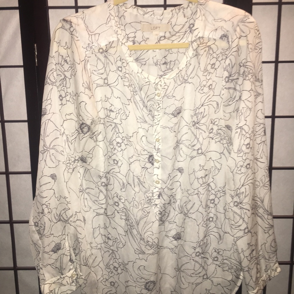 Graphic line flower light sheer blouse Loft L